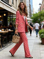 New Women's High-quality Digital Print Bohemian Style Two-piece Suit Set, Featuring a Long-sleeved Collared Jacket and Straight-leg Trousers. Machine Washable and Suitable for Everyday Wear.