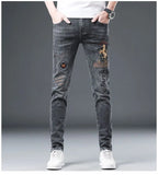 2025 Summer Ripped Jeans Men's Slim-fitting Small Feet Elastic Trousers Trendy Brand Fashion Scratched Patch Cargo Beggar Pants