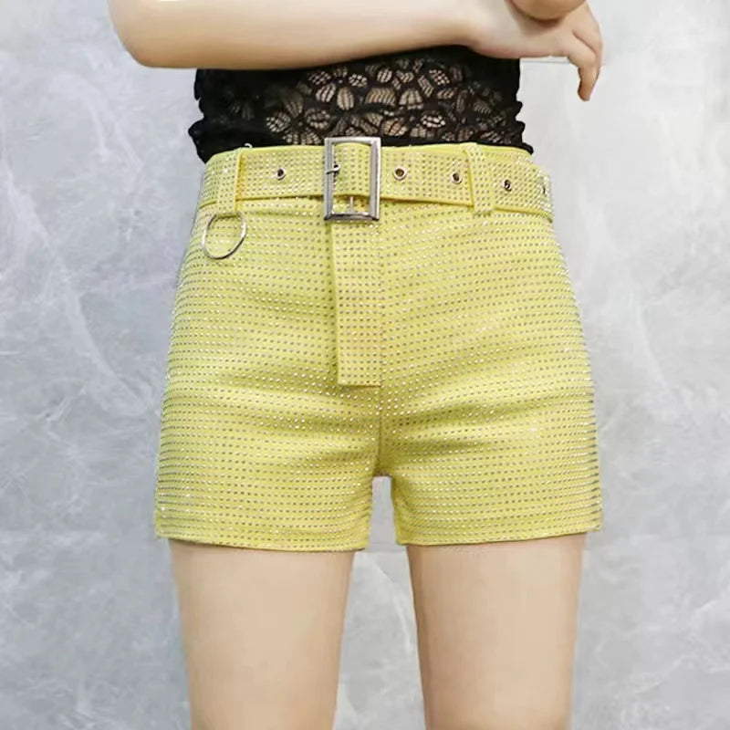 Rhinestone Shorts Women Wide Leg Shorts High Waist Sexy New Fashion Elastic Waist Diamond Casual Hot Pants Female belt