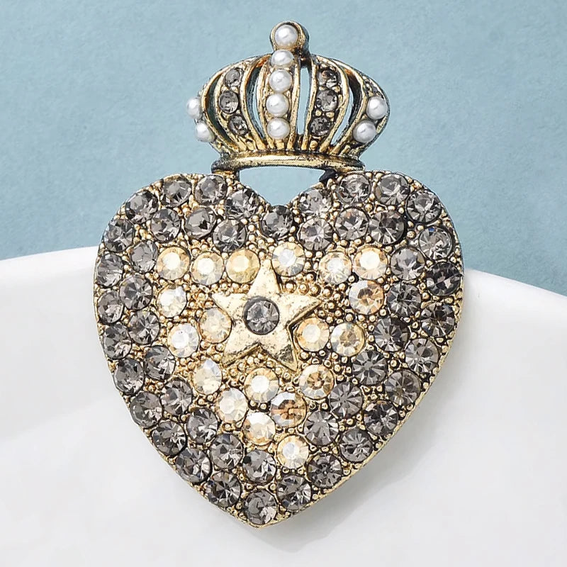 Wuli&baby Vintage Crown Heart Brooches Rhinestone Love Brooch For Women's Clothes Backpack Pins Gifts