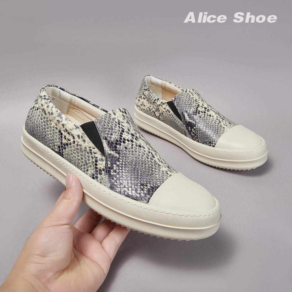 PENDRA Python Veil White Slip-On Low-Top Python-Pattern Leather Platform Shoes