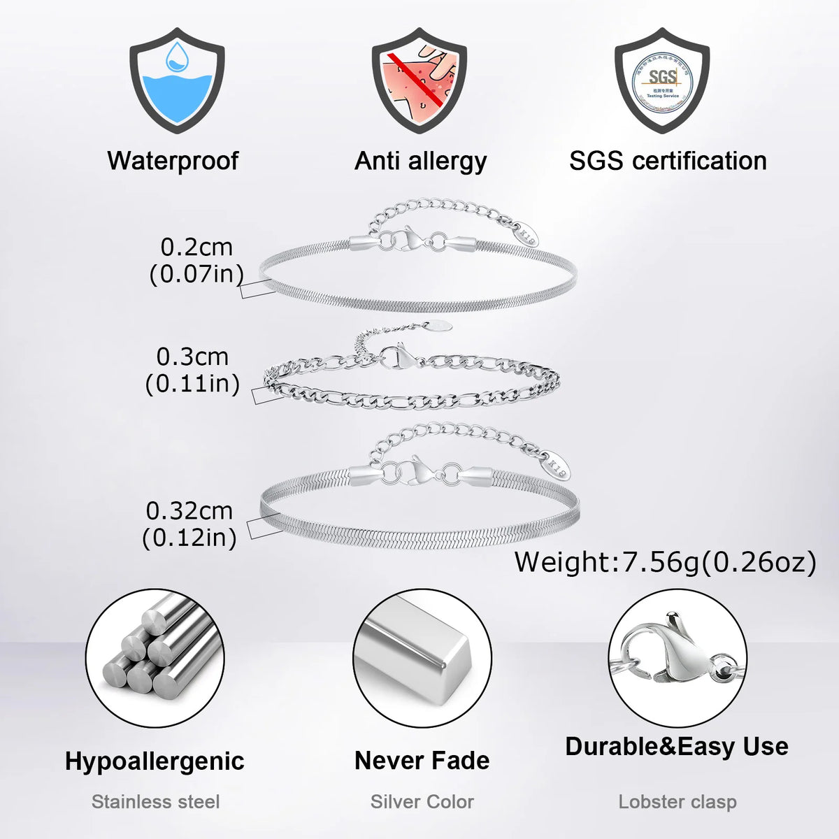 3pcs/set Minimalist Chain Bracelet for Men Boys,Stainless Steel Silver Color Chain Adjustable Wristband,Simple Jewelry Set Gift