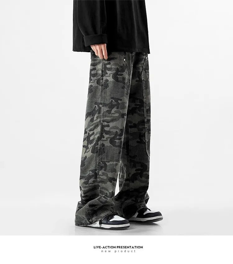 Camouflage Tooling Jeans Autumn New High Street Retro Loose Straight Wide Leg Baggy Trousers Cargo Pants Men Low Rise Jeans