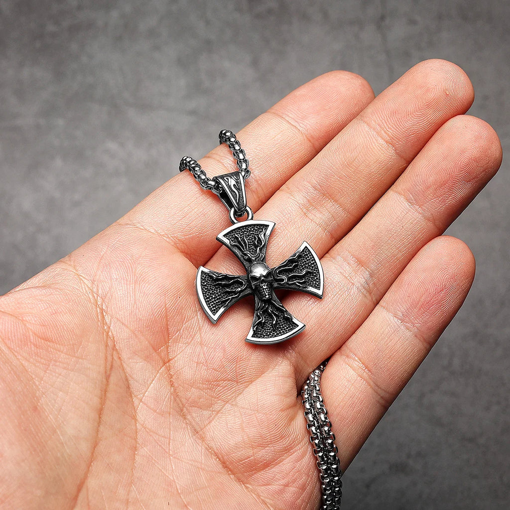 PENDRA Flame Skull Cross Steel Necklace