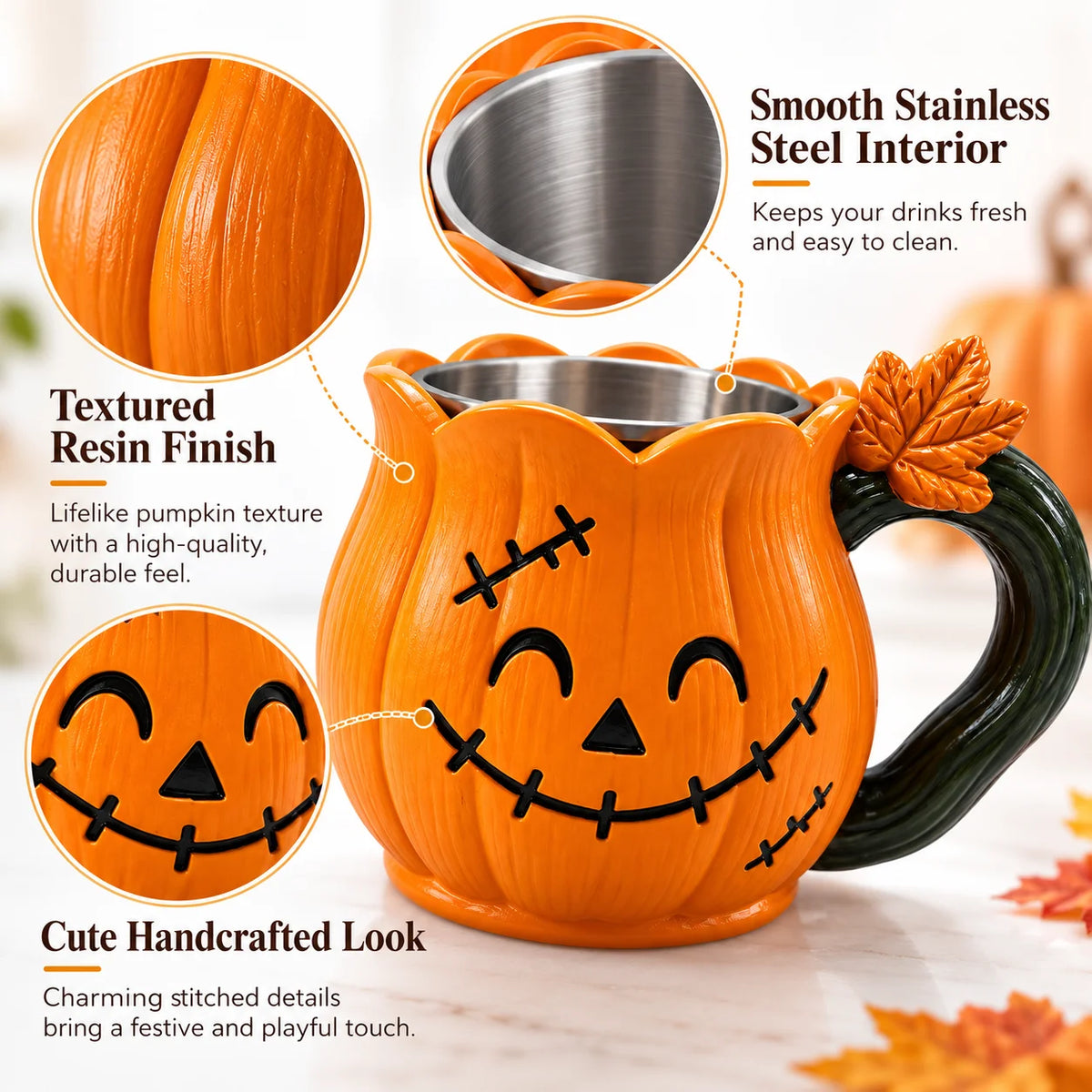 Pumpkin Resin Mug Halloween Decorative Cup Cute Holiday Coffee Mug Gift for Friends Family Fall Party Table Decor