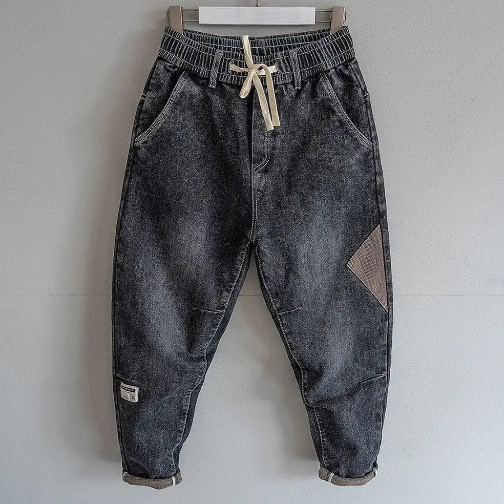 Loose Elastic Waist Denim Jeans Spring Autumn Spliced Harem Pants Men's Casual Pants 2024 Korean New Stretch Baggy Cargo Jeans