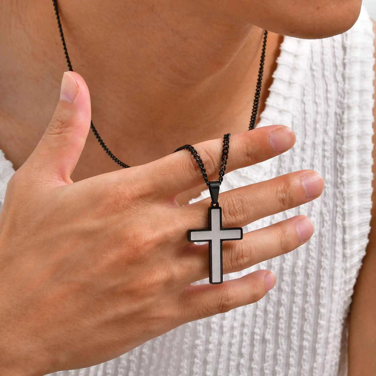Simple Cross Necklace for Men, Stainless Steel Silver Black Color Cross Pendant Necklaces,Length 60CM 24Inch
