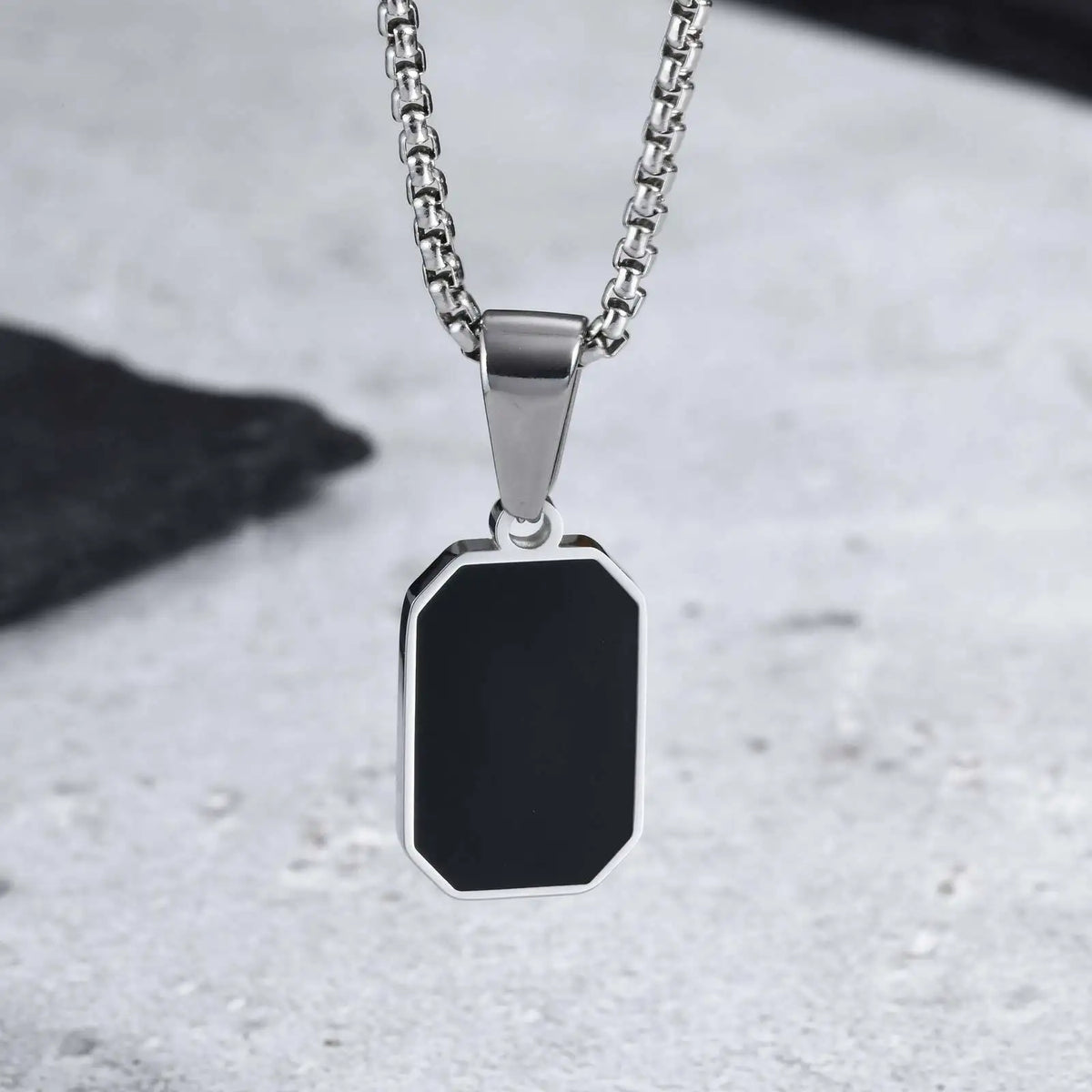 Casual Mens Geometric Square Necklaces,Black Enamel Rectangle Pendant with Rope Box Long Chain Collar,Stylish Jewelry Gifts