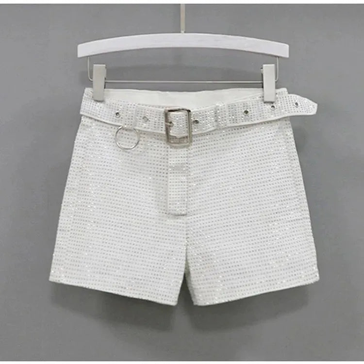 Rhinestone Shorts Women Wide Leg Shorts High Waist Sexy New Fashion Elastic Waist Diamond Casual Hot Pants Female belt
