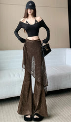Women's autumn and winter sequin fart curtain fake two high waisted slimming and floor dragging casual flared pants