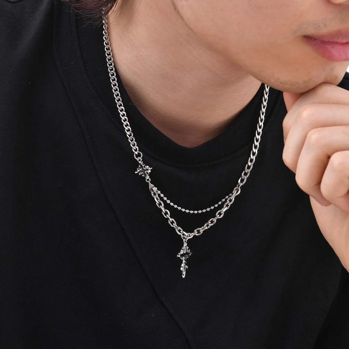 Hip Hop Cross Necklace for Men Boys,Fused Irregular 4-point Star Pendant with Splicing Collar,Cool Trendy Jewelry Gifts
