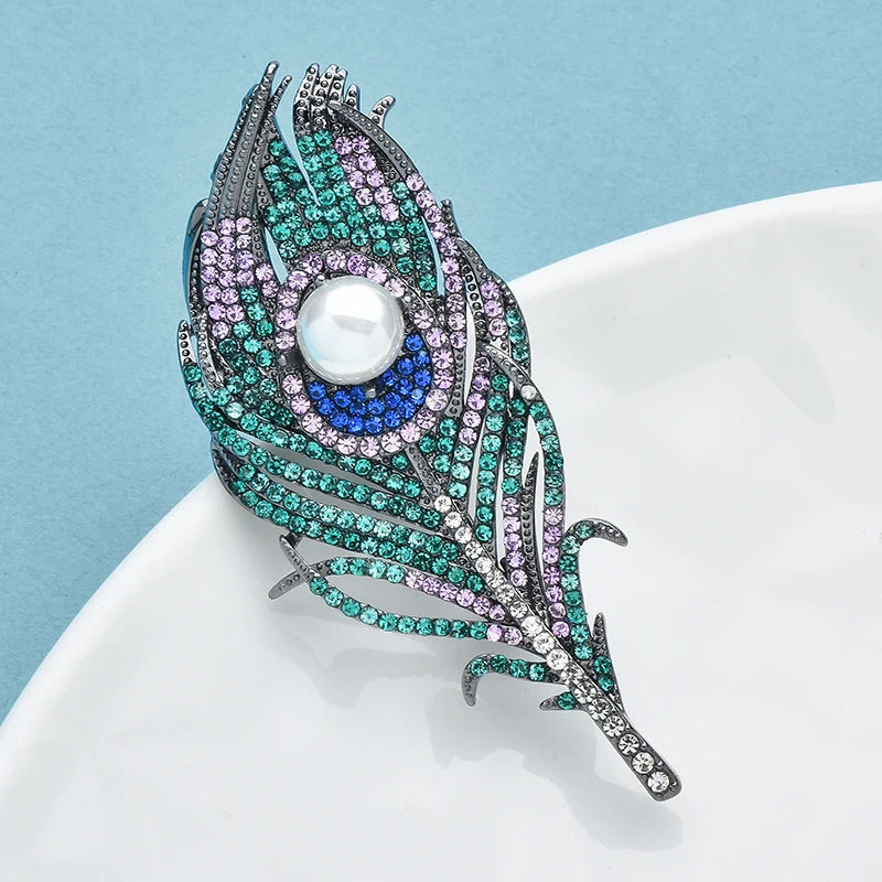 PENDRA Peacock Rhinestone Feather Brooch