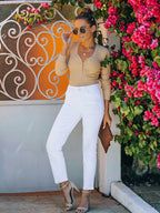 2026 New Fashionable White Straight Tube Pure White Casual Style Zipper Button Closed Jeans, Women's Jeans and Clothing