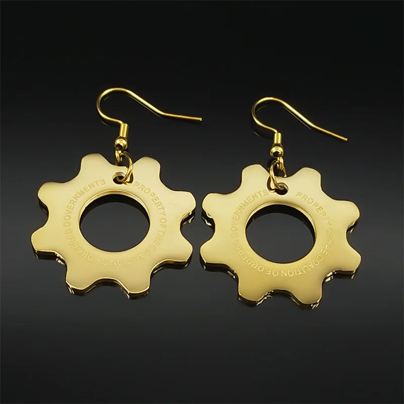 Vintage Game War Machine Earrings Stainless Steel Reaction Furnace For Women Men Gold Color Gear Drop Earring Rock  Jewelry