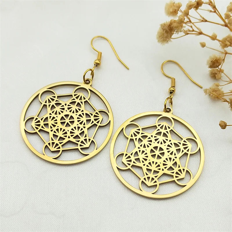 Sacred Geometry Metatron Cube Big Hoop Earrings for Women Stainless Steel Gold Color Amulet Chakra Round Hollow Earrings Jewelry