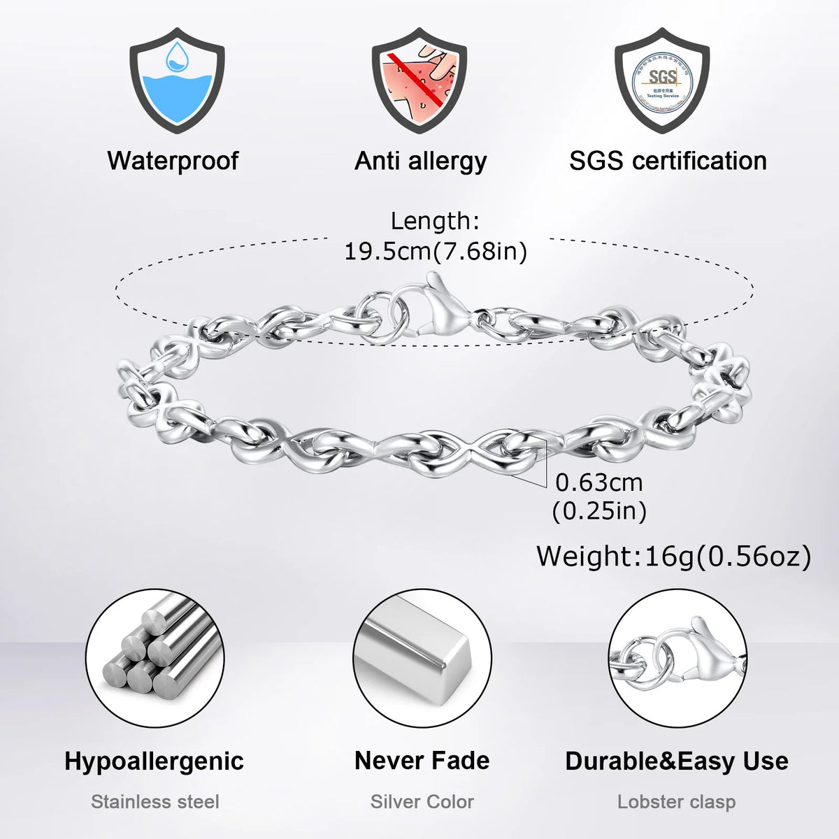 Stainless Steel Chain Bracelets for Men Boys,Infinite Link Chain Handmade Wristband,New Punk Jewelry