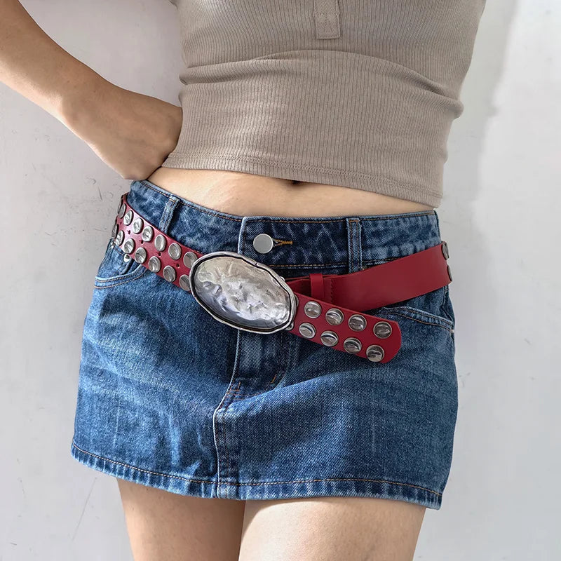 Heavy Punk Style Big Rivet Belt For Men And Women Ideal choice for Gifts New fashion personality Oval Buckle black Waistband