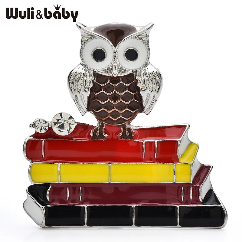 PENDRA Scholar Enamel Owl & Books Brooch