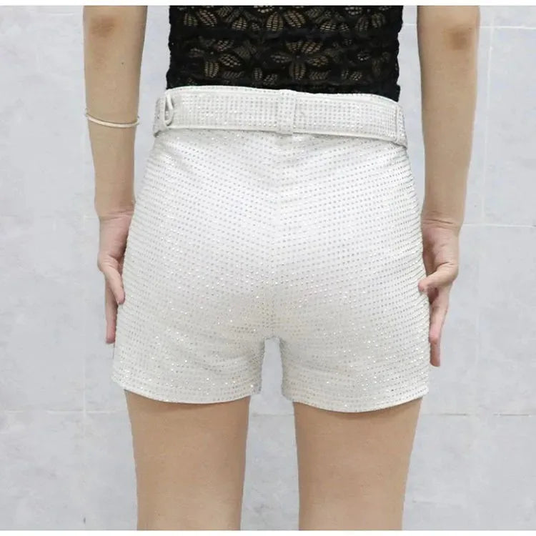 Rhinestone Shorts Women Wide Leg Shorts High Waist Sexy New Fashion Elastic Waist Diamond Casual Hot Pants Female belt