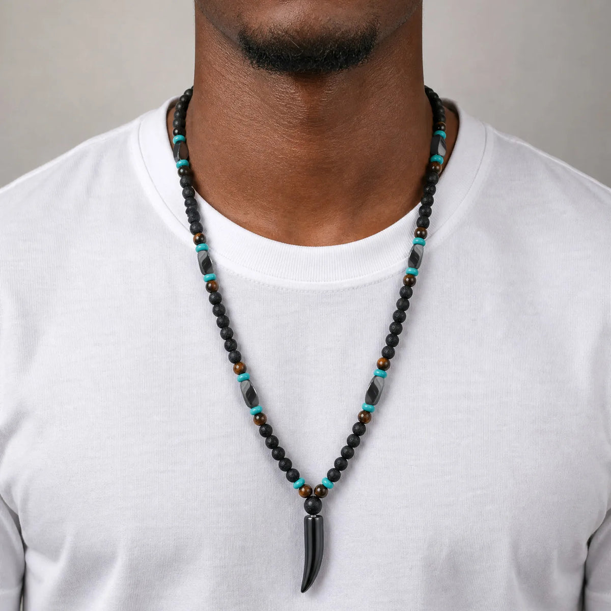 Punk Natural Stone Wolf's Tooth Necklace for Men,Healing Tiger Eye Hematite Pendant Necklace,Vintage Ethnic Jewelry