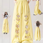 Milk yellow lace patchwork ripped jeans women's summer new high waisted drawstring star embroidered design wide leg pants