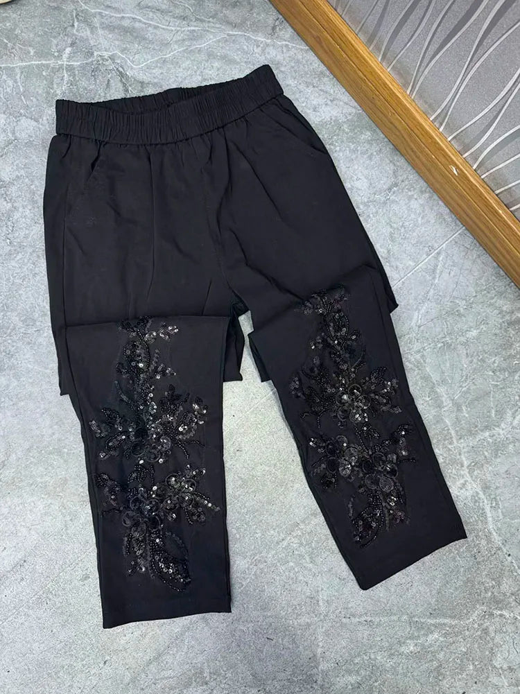 European Heavy Industry sequin bead design fashioneight point cigarette tube pants women's elastic high waist slim casual pants