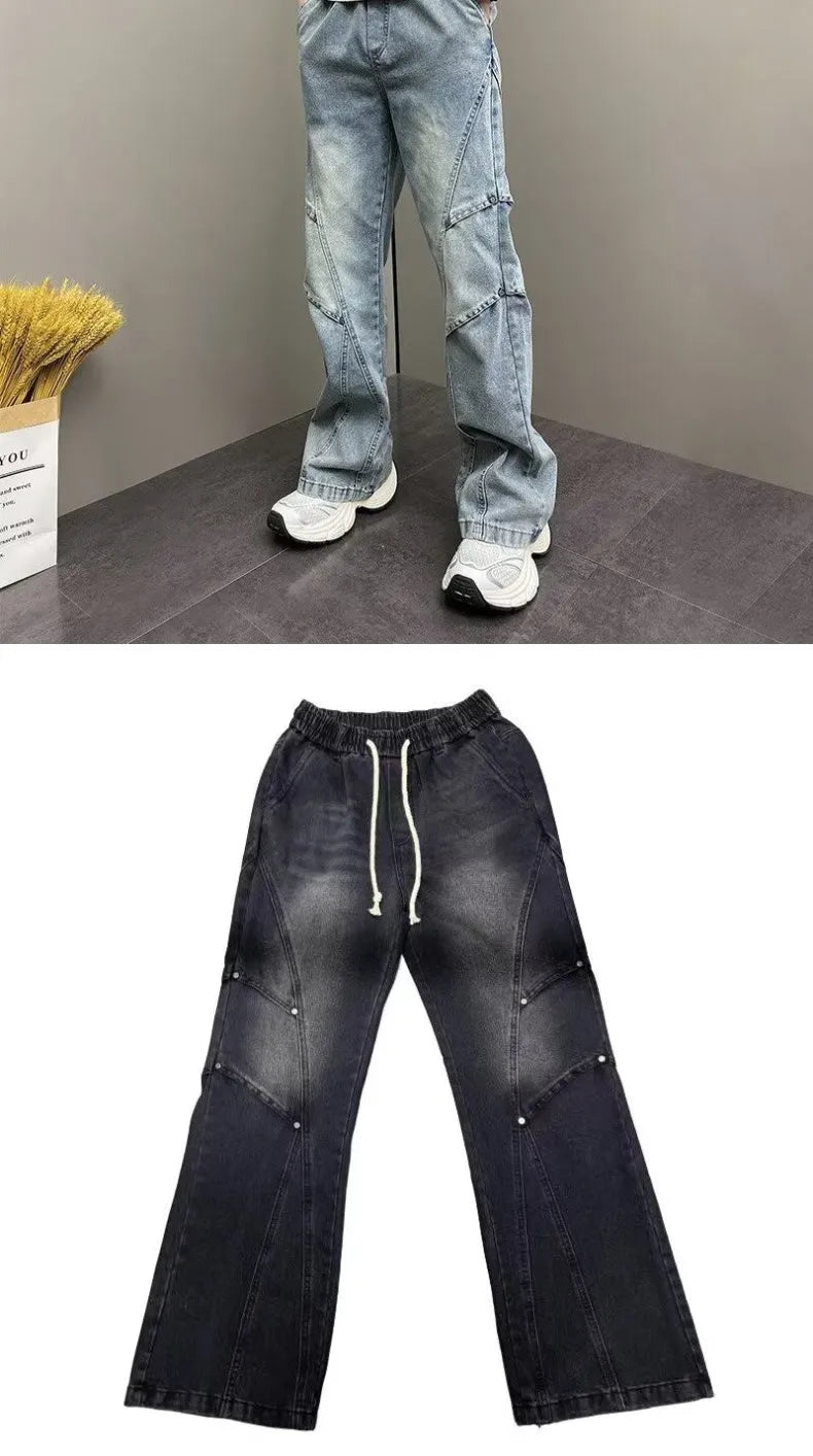 PENDRA Drawstring Elastic Waist Harlan Straight Black Cargo Hombre Jeans
