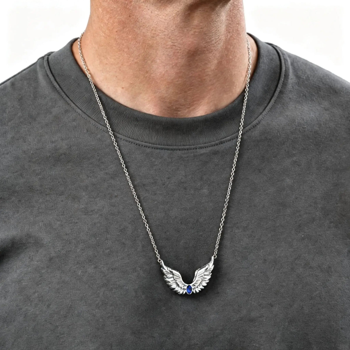 Punk Angel Wings Feather Necklace for Men,Stainless Steel Blue Black Zircon Wings Choker,New Male Jewelry Gift