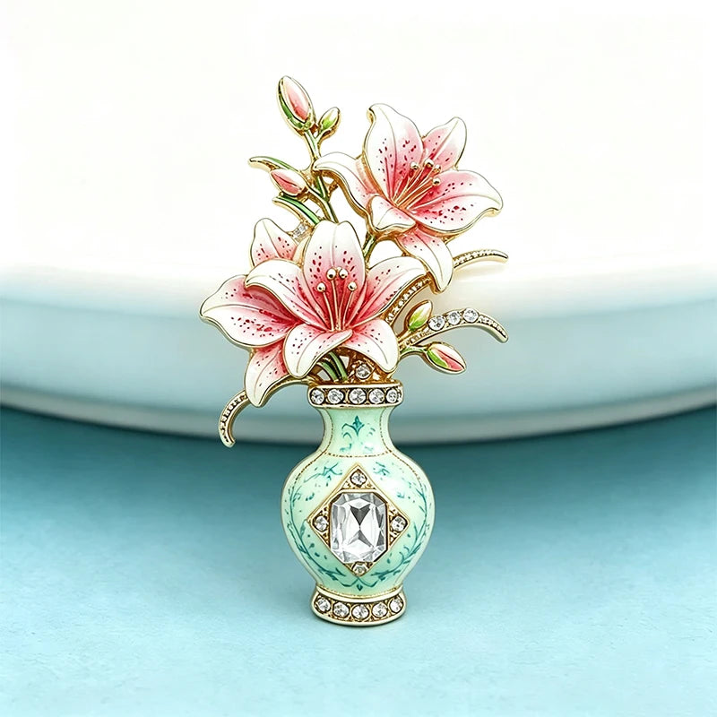 PENDRA Violetta 2-Color Enamel Rhinestone Lily Vase Brooch