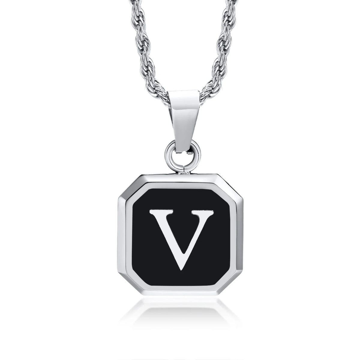 Initials Necklaces for Men Women,A-Z 26 Letters Black Square Stainless Steel Pendant Collar,45-60CM Twisted Rope Chain Gifts