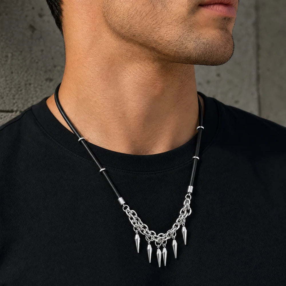 Rock Punk Rivet Leather Necklace for Men,Stainless Steel Tassel Chain Choker,Street Rapper Biker Jewelry Gift