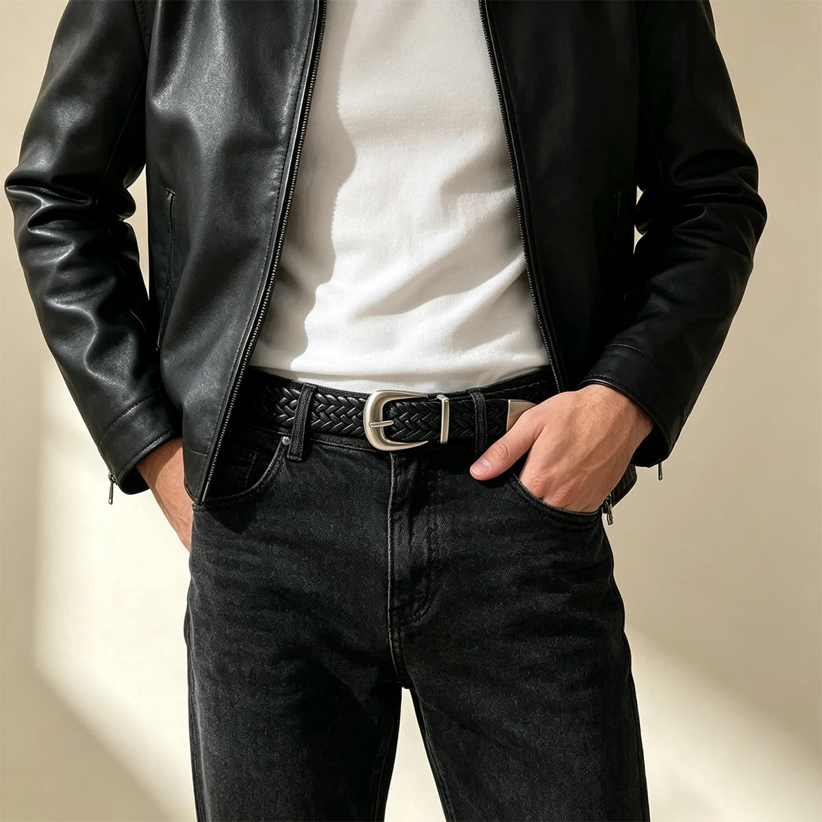 Punch free punk style woven belt for men and women Black metal buckle belt Dark minority retro Fried Dough Twists belt