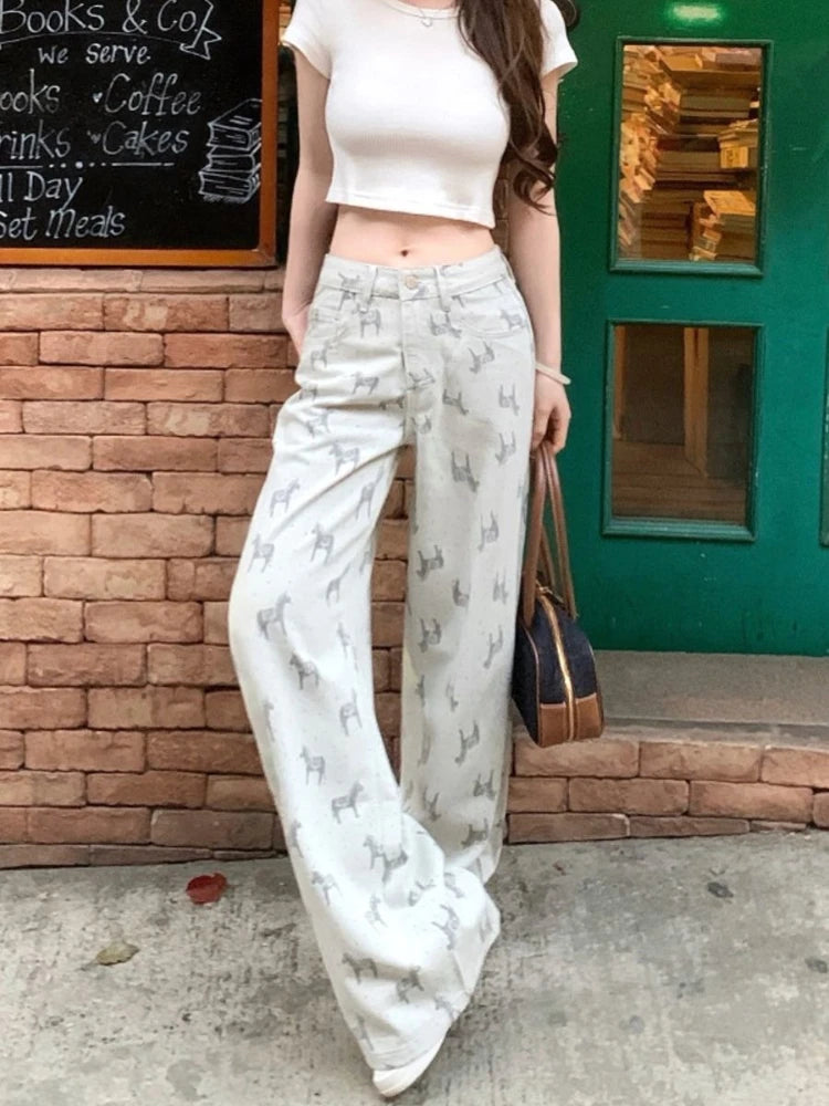 Design sense pony jacquard wide leg jeans women 2026 spring lazy style new high waisted retro versatile straight leg pants