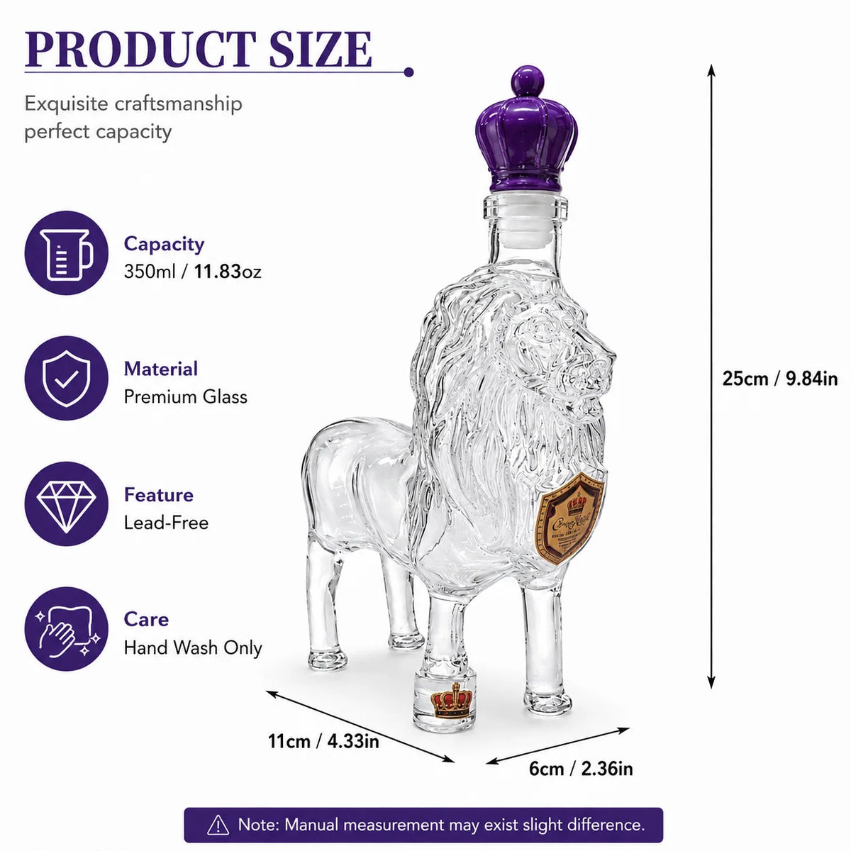 Vintage Style Lion Glass Liquor Decanter Purple Crown Stopper Decorative Whiskey Bottle Home Bar Accessories Gift
