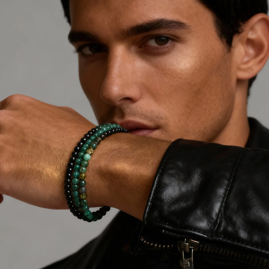 3pcs Green Natural Stone Beaded Bracelet for Men,5MM African Turquoise Stacked Elastic Bracelet,Trendy Male Jewelry Gift