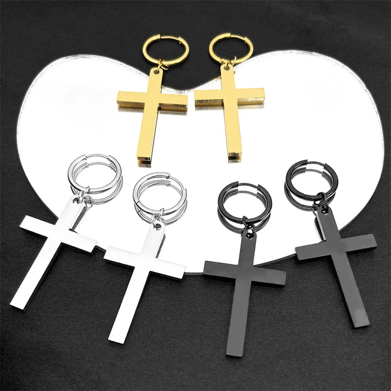 Hip Hop Catholic Cross Hoop Earrings for Women Men Stainless Steel Gold Silver Color Crucifix Statement Earring Jewelry E3476S06