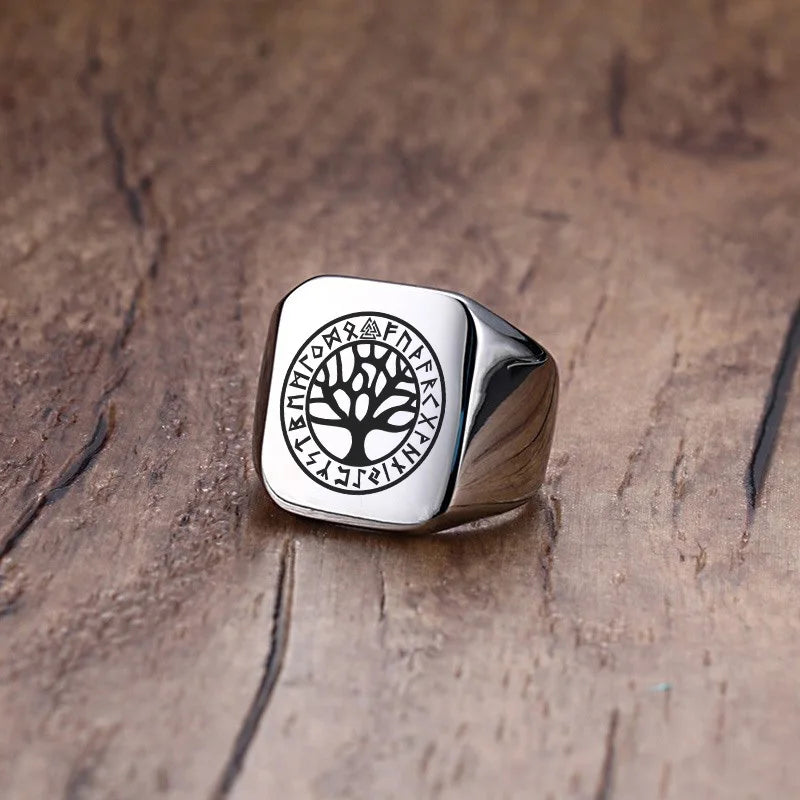 Men Viking Vegvisir Pirate Signet Ring, Free Custom Personalized Stainless Steel Finger Bands Ring for Boys, Amulet Jewelry Gift