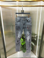 Spring and Autumn 2025 New Men's Jeans Gray Trendy Tiger Head Hot Diamond Printing Slim-fit Small Feet Trousers Men's Clothing