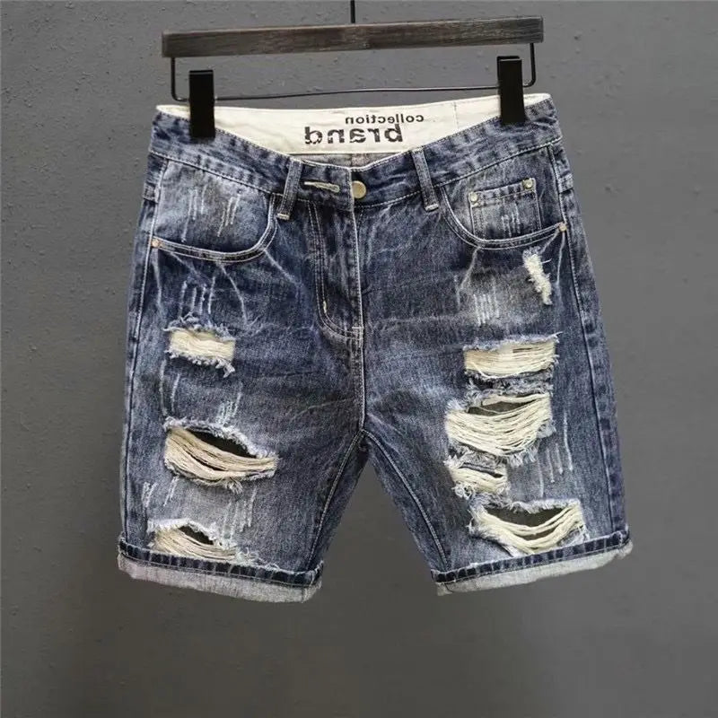 PENDRA Vintage Korean Distressed Holes Slim-Fit Denim Shorts