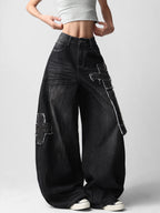 American-Style High Street Patchwork Studded Design Black Loose Jeans Women Y2K Trendy Streetwear Fashionable Casual Versatile Wide-Leg Pants