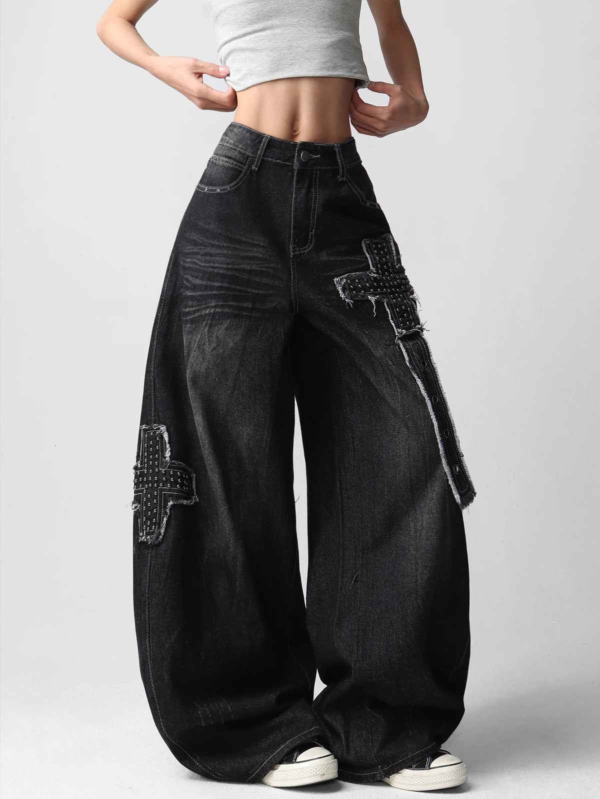 American-Style High Street Patchwork Studded Design Black Loose Jeans Women Y2K Trendy Streetwear Fashionable Casual Versatile Wide-Leg Pants