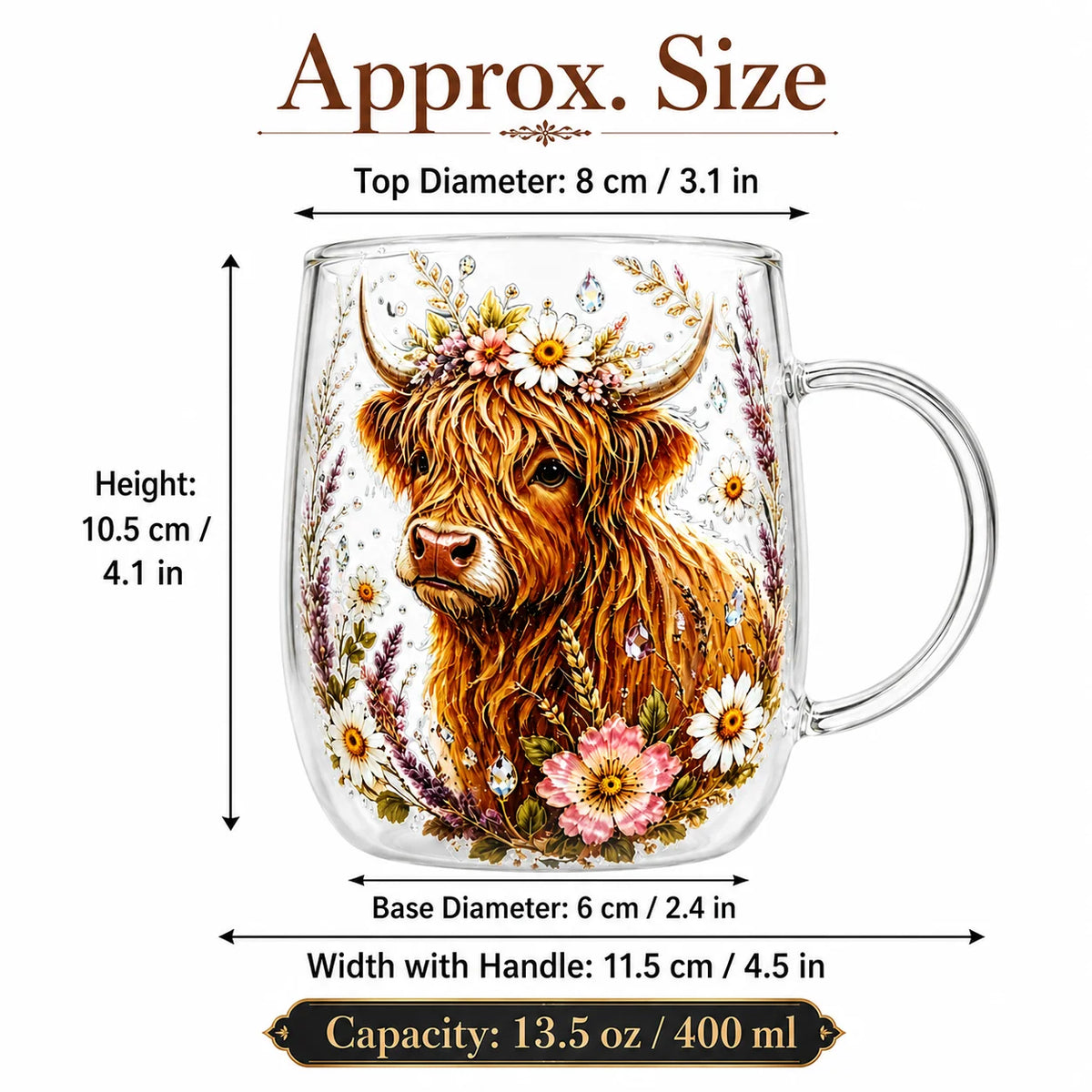 Vintage Highland Cattle Flower Sticker Glass,Double Layer Heat-resistant Coffee Cup,Home Office Drink Cup Collection Decorations