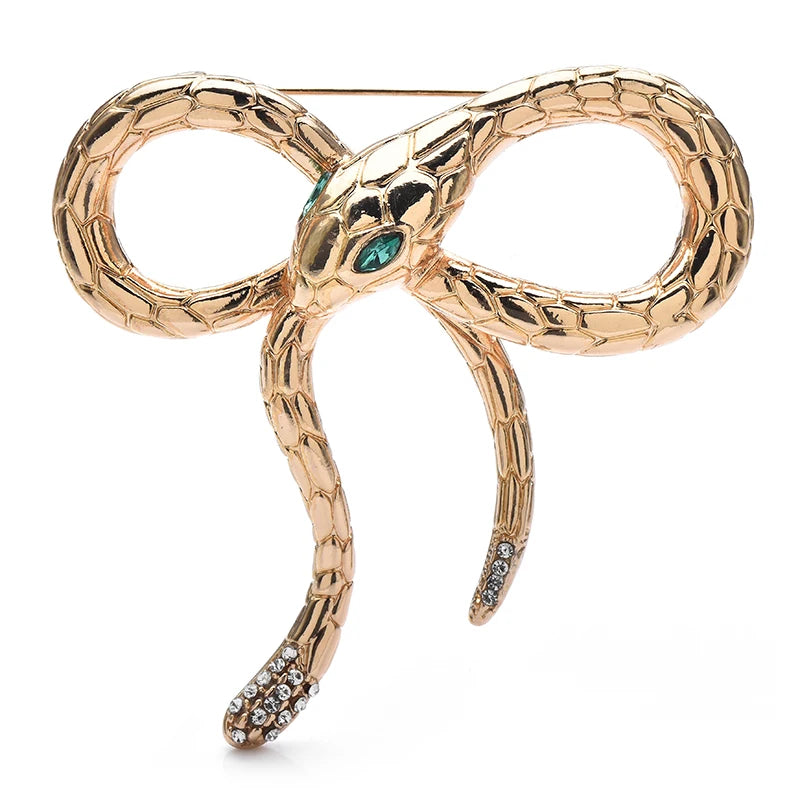 Wuli&baby Bow knot Snake Brooch Pin 2 Colors Green Crystal Eye Animal Metal Badge For Suit Cloth Accessory
