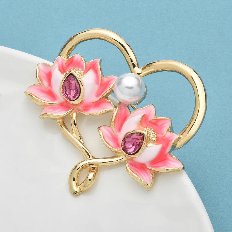 PENDRA Lotuselle Enamel Lotus Heart Brooch