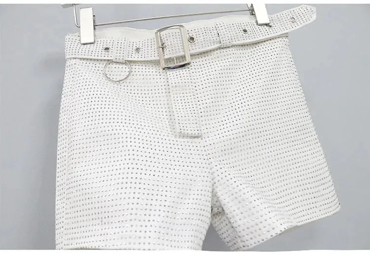 Rhinestone Shorts Women Wide Leg Shorts High Waist Sexy New Fashion Elastic Waist Diamond Casual Hot Pants Female belt