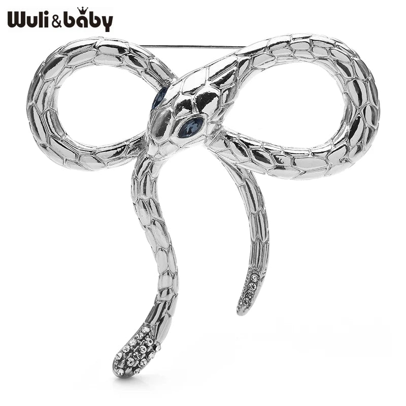 Wuli&baby Bow knot Snake Brooch Pin 2 Colors Green Crystal Eye Animal Metal Badge For Suit Cloth Accessory
