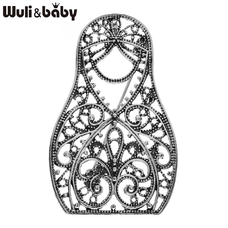 Wuli&baby Vintage Matryoshka Doll Brooches 2-color Metal Lovely Hallow-out Vintage Party Casual Brooch Pins Gifts