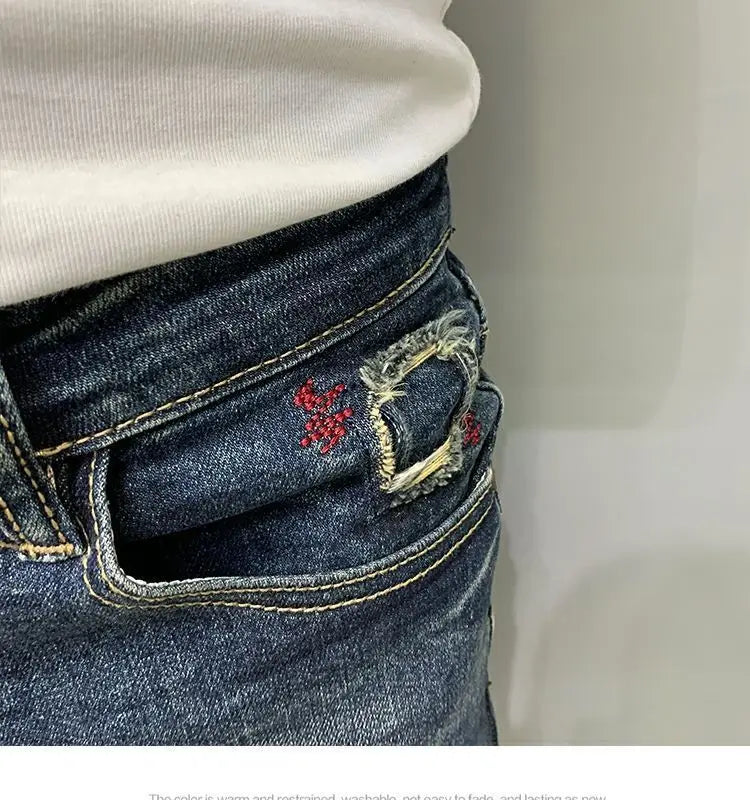 Harajuku Fashion Autumn New Blue Jeans Men's Trendy Brand Scratches Cargo Work Korean Slim-fitting Trousers Luxury Elastic Pants