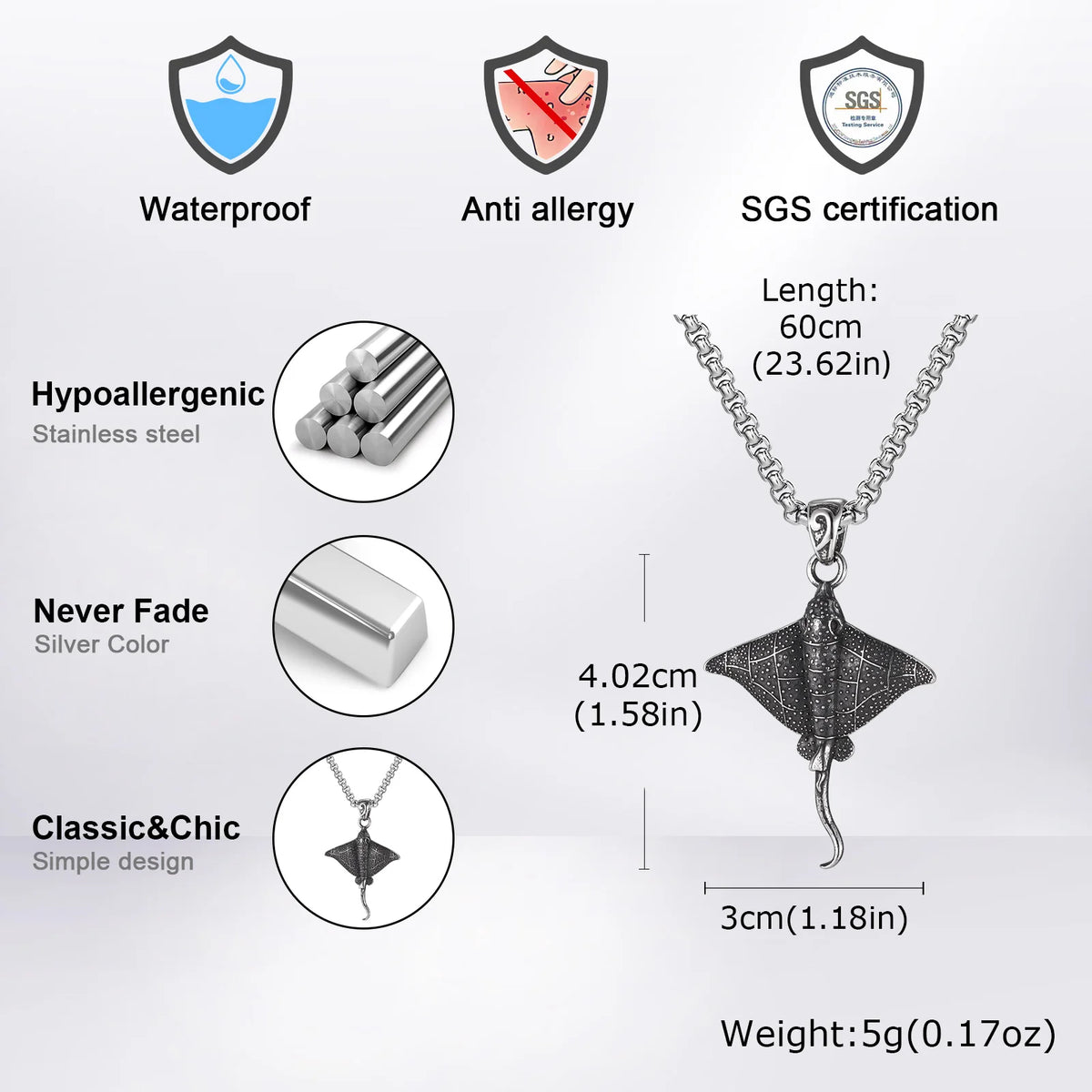 Men's Stainless Steel Devil Fish Necklace,Punk Vintage 3D Devil Fish Pendant Necklace,Shark Enthusiast Gift