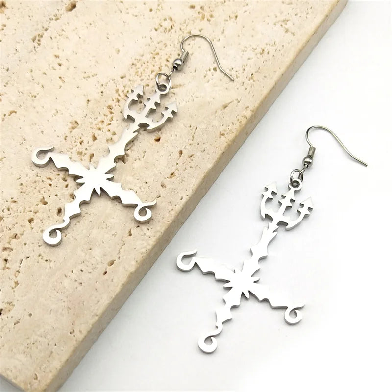 Heavy Metal 666 Music Band Drop Earrings Stainless Steel Black Color Sigil Church of Satan Fork Cross Dangle Earring Jewelry